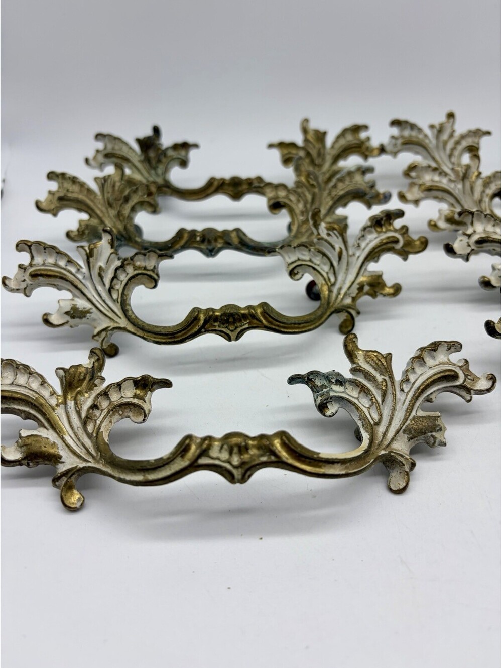 Vintage French Provincial Brass Drawer Pulls Lot Of 8 Reclaimed Distressed Paint